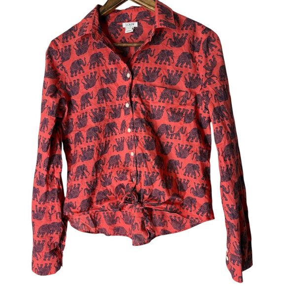 J Crew Red Elephant Print Button Up Shirt Womens Sz S Novelty Tie Front - Picture 1 of 8